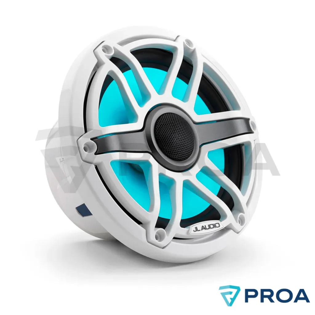 Parlantes JL Audio M6 RGB nauticos 7.7 pulgadas luz celeste.webp