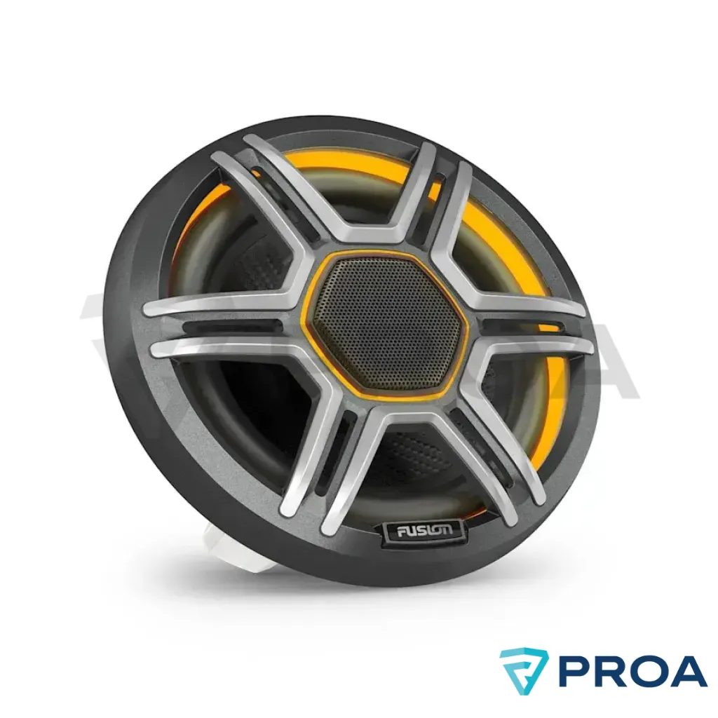 Parlantes Fusion Apollo Led RGB Rejilla deportiva Gris diagonal luz amarilla.webp