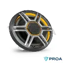 Parlantes Fusion Apollo Led RGB Rejilla deportiva Gris diagonal luz amarilla.webp