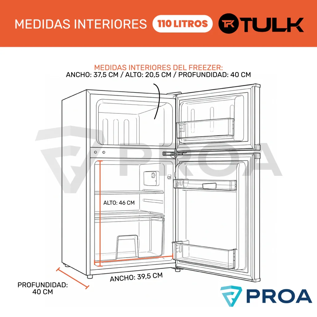 TULK Heladera con freezer 12V - 24V 110 Litros Blanca medidas interior.webp