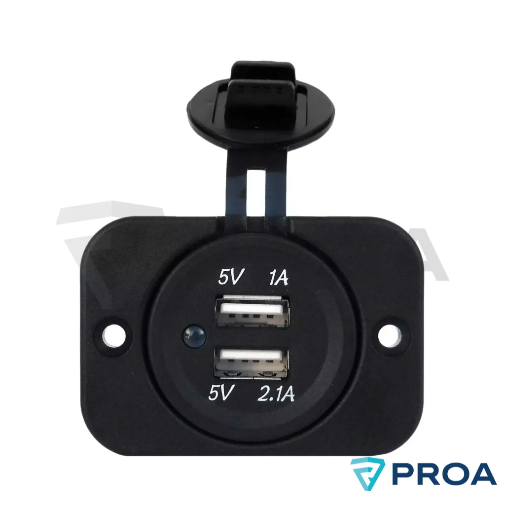 Toma USB doble 12V redondo con tapa y marco NEGRO