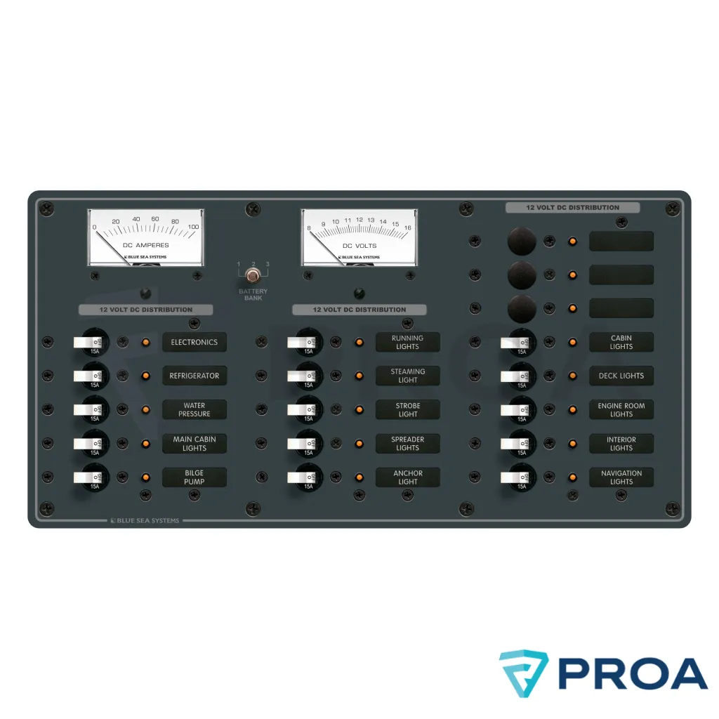 BLUE SEA SYSTEMS Tablero de 15 Termicas (+3) con Amperimetro y Voltimetro Analogico