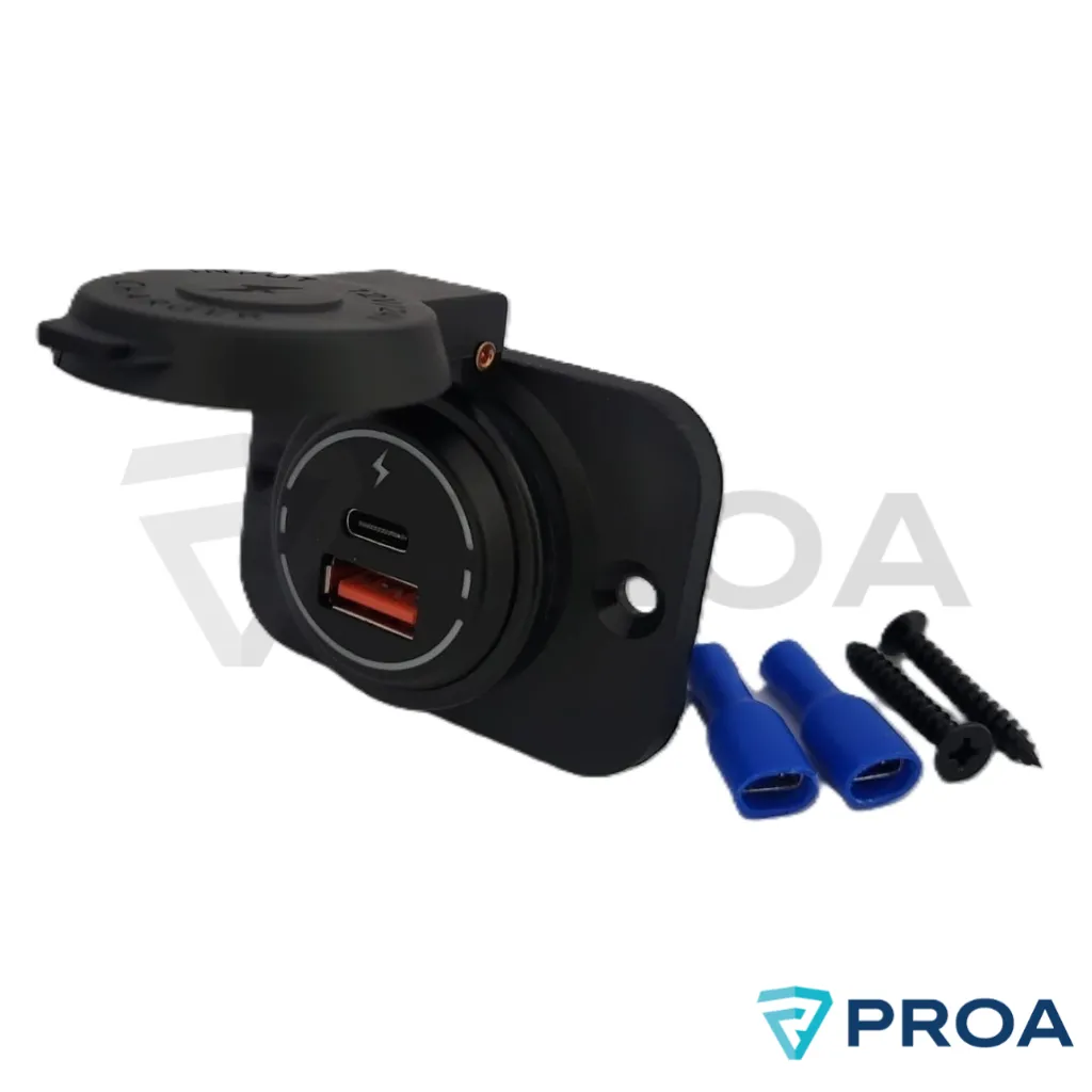 Toma USB Carga Rapida PD + micro C QC 3.0 tapa retractil NEGRO